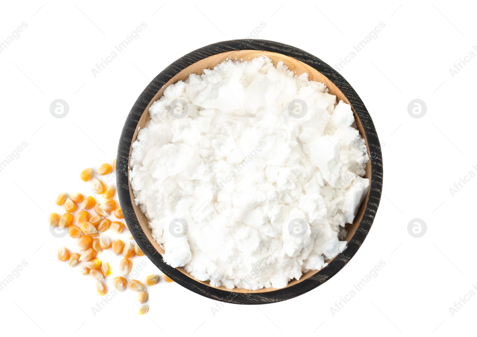 Photo of Bowl with corn starch and kernels on white background, top view