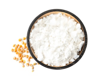 Photo of Bowl with corn starch and kernels on white background, top view