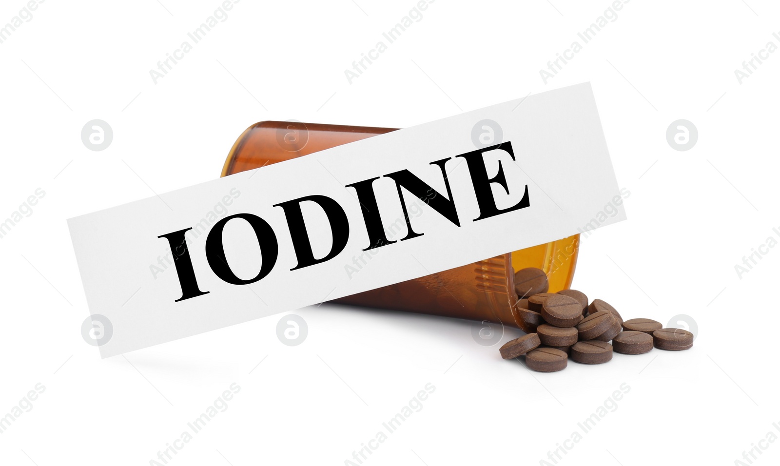 Photo of Card with word Iodine and jar with pills isolated on white