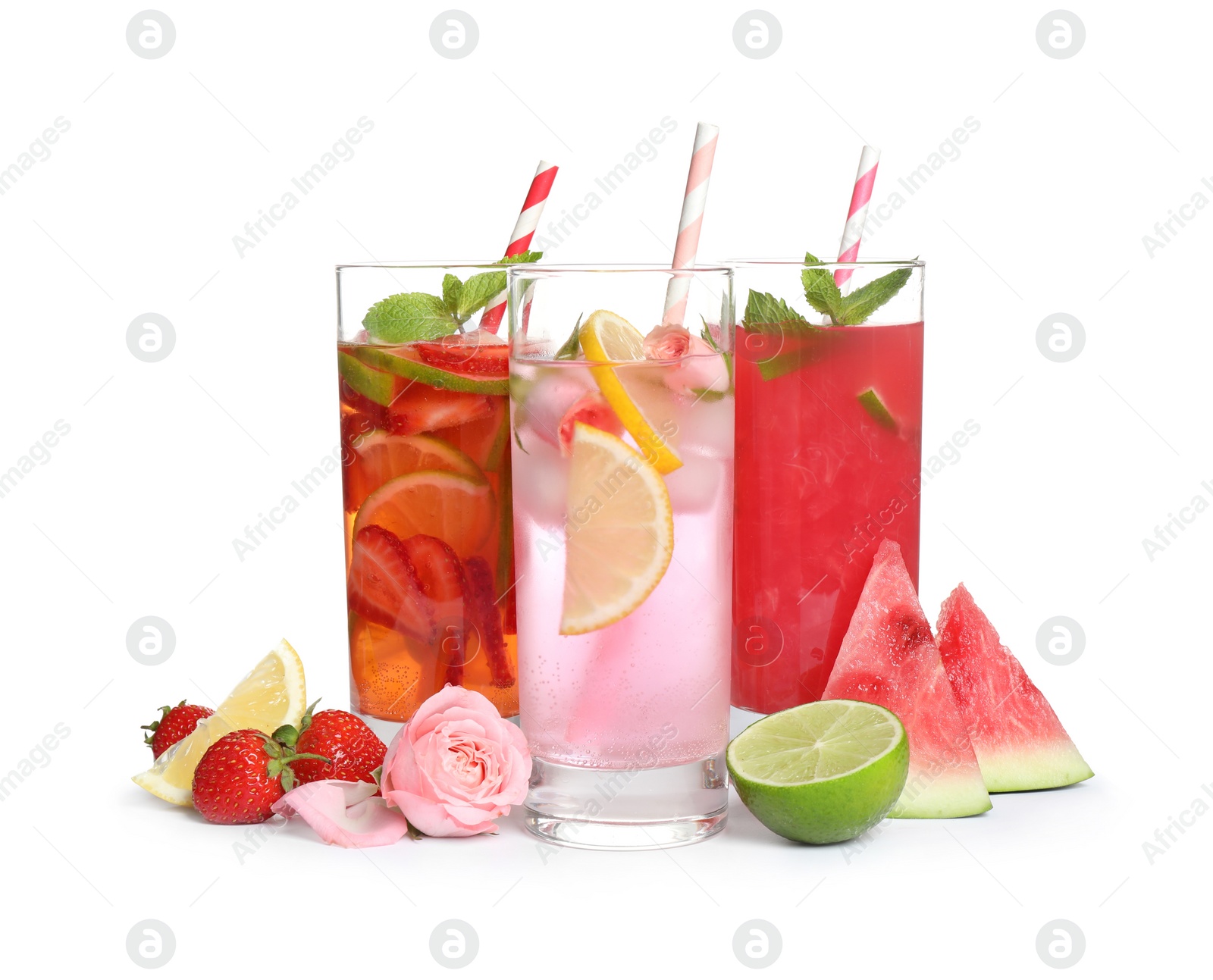 Photo of Glasses of tasty refreshing drinks on white background
