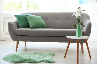 Stylish living room interior with sofa and mint decor elements