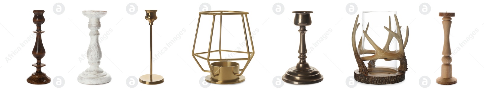 Image of Set with different stylish candlesticks and holders on white background, banner design