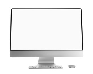 Photo of Modern computer monitor with blank screen isolated on white