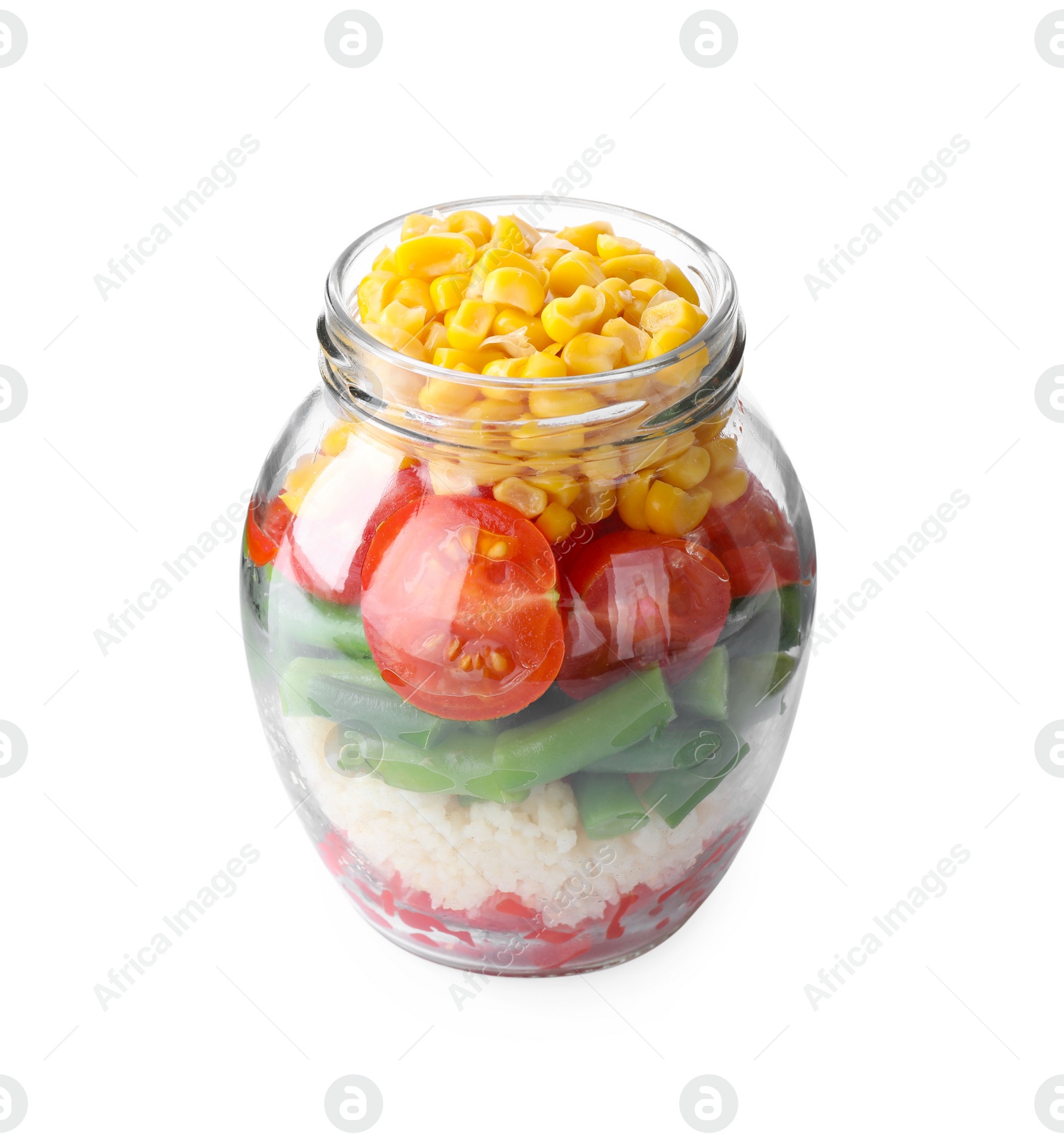 Photo of Healthy salad in glass jar isolated on white