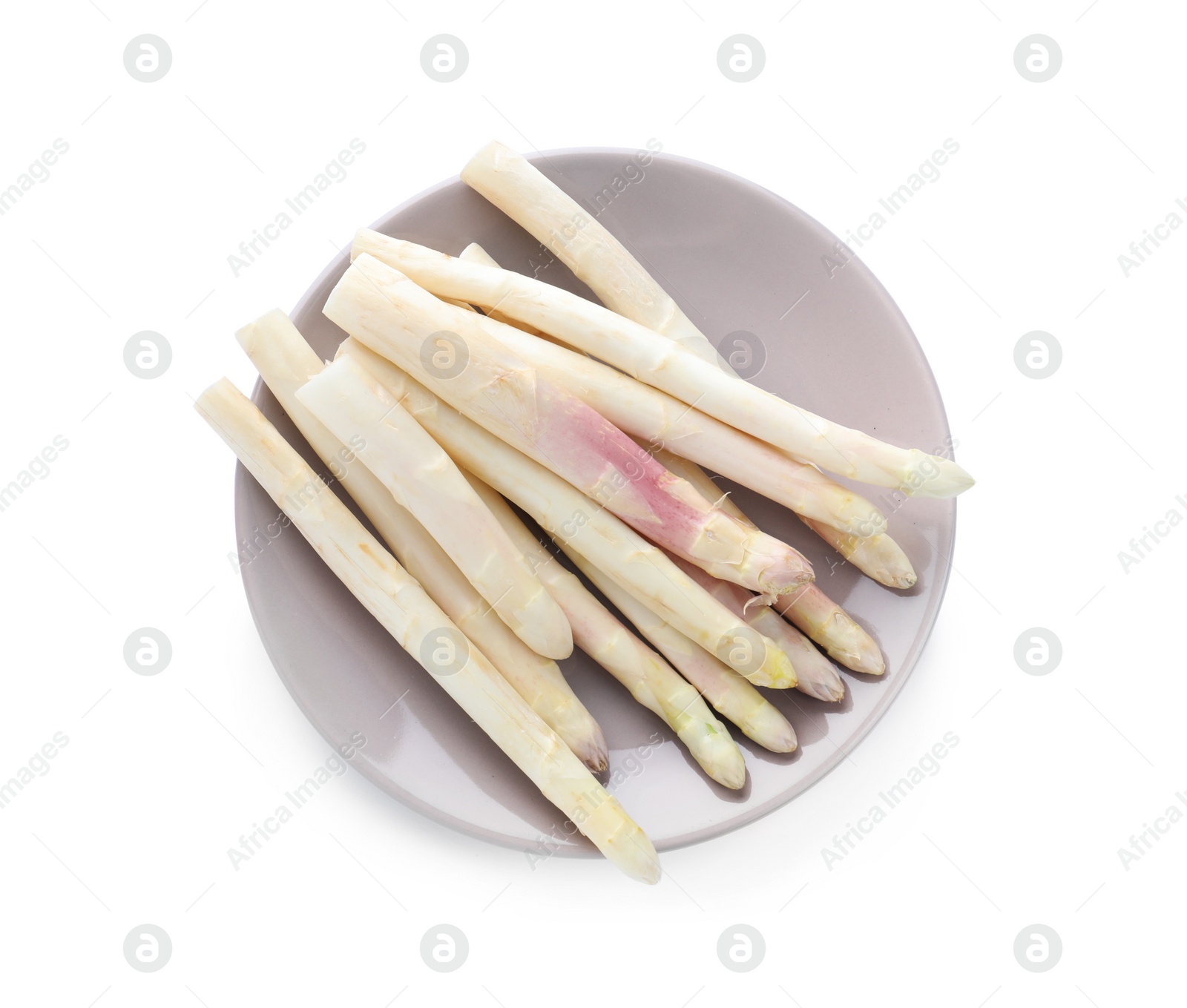 Photo of Fresh raw asparagus isolated on white, top view