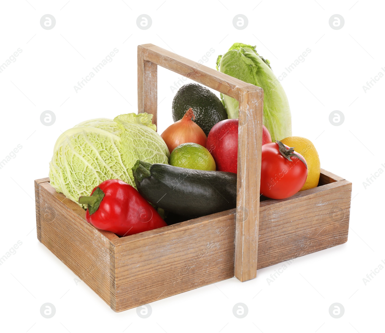 Photo of Fresh ripe vegetables and fruits in wooden crate with handle on white background