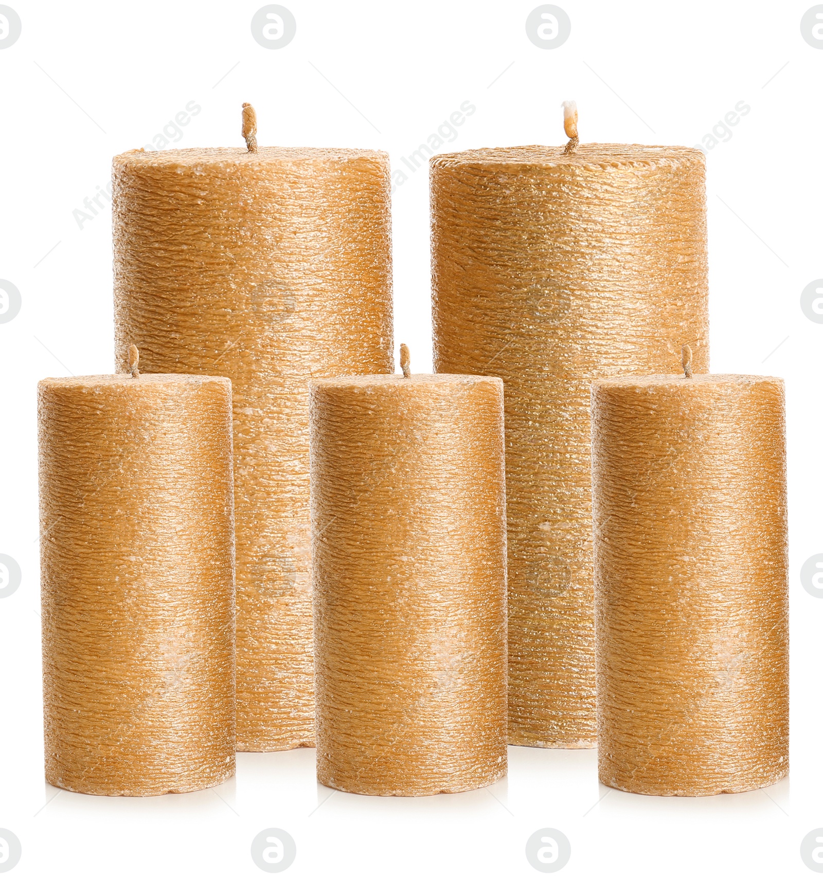 Image of Set of elegant gold candles on white background