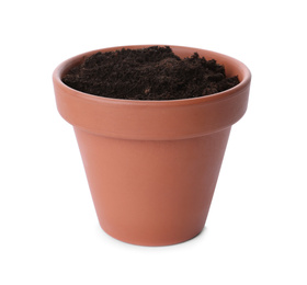 Stylish terracotta flower pot with soil isolated on white