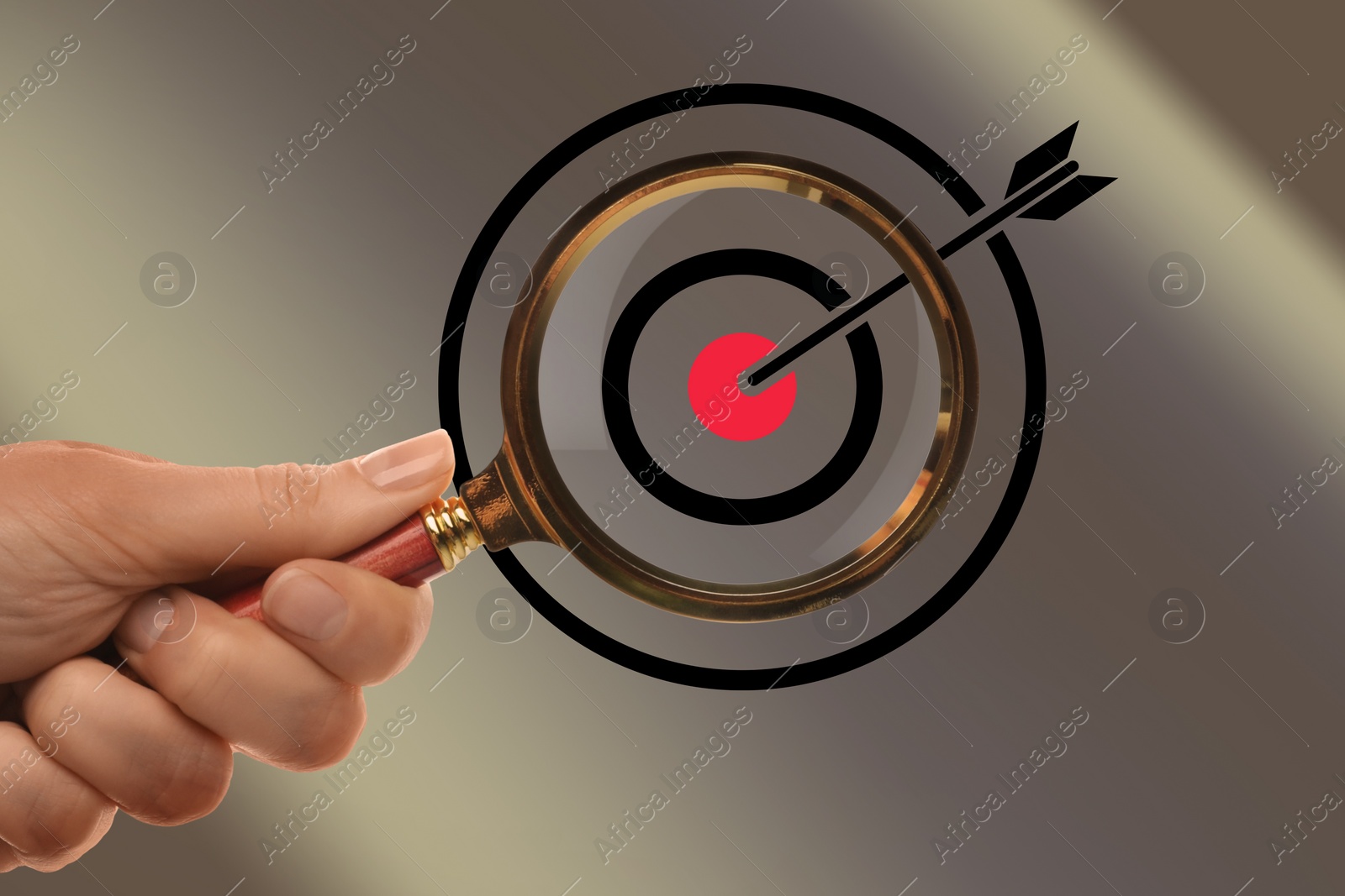 Image of Woman holding magnifying glass on grey gradient background, closeup. Illustration of target and arrow