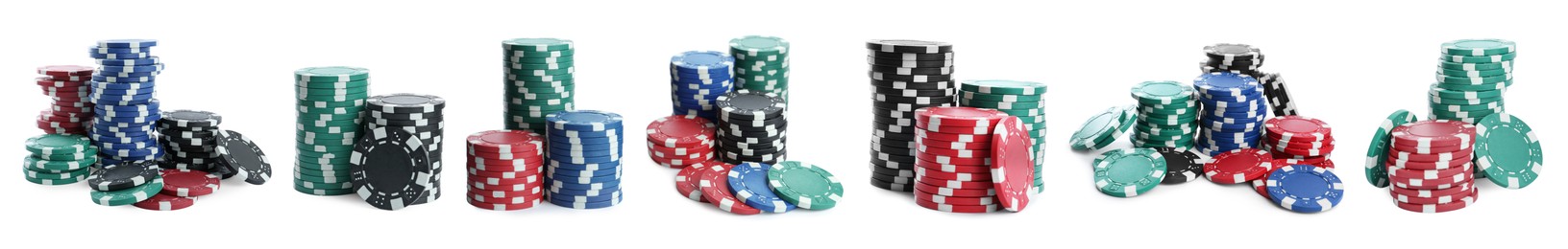 Image of Set with stacks of different casino chips on white background, banner design. Poker game