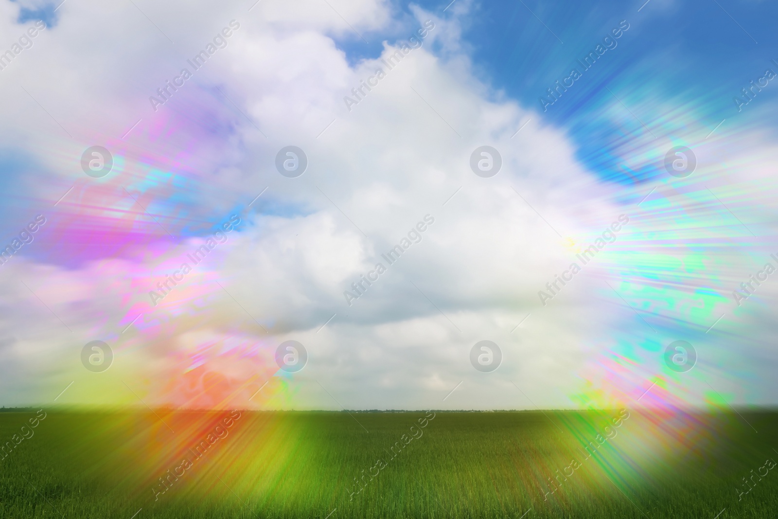 Image of View of green field and flashing lights effect. Migraine aura, symptom of disease