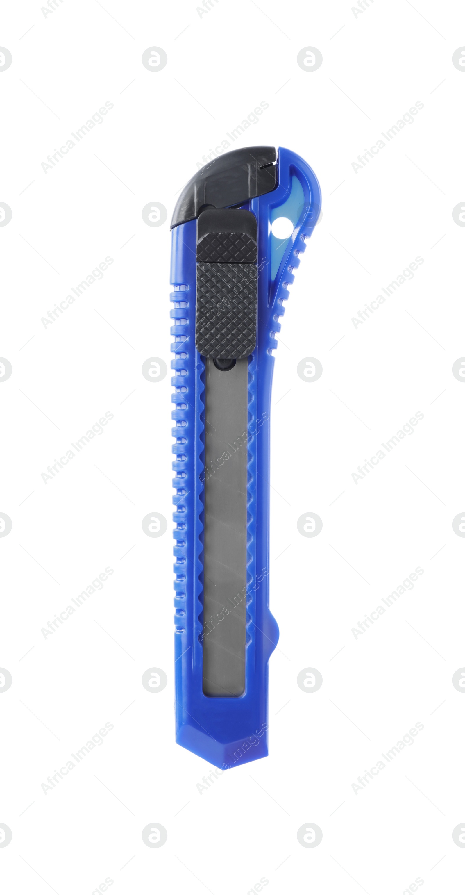 Photo of Blue utility knife isolated on white. Construction tool