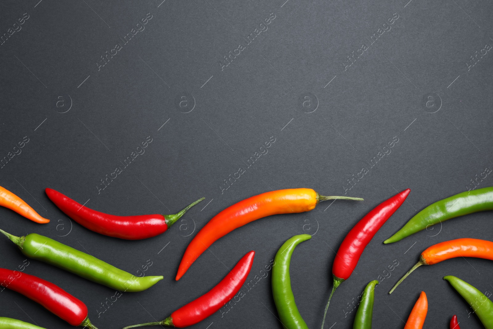 Photo of Different colorful chili peppers on black background, flat lay. Space for text