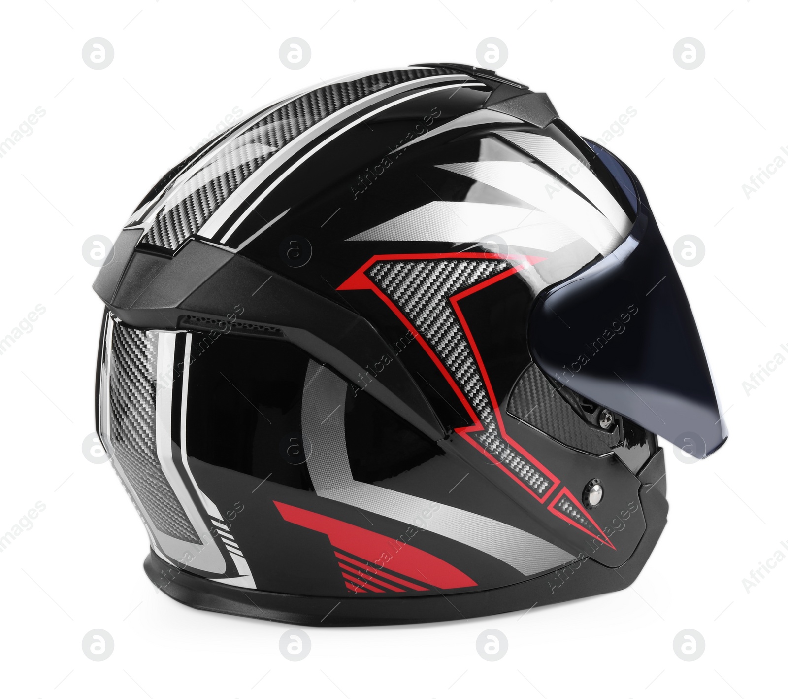 Photo of Modern motorcycle helmet with visor isolated on white