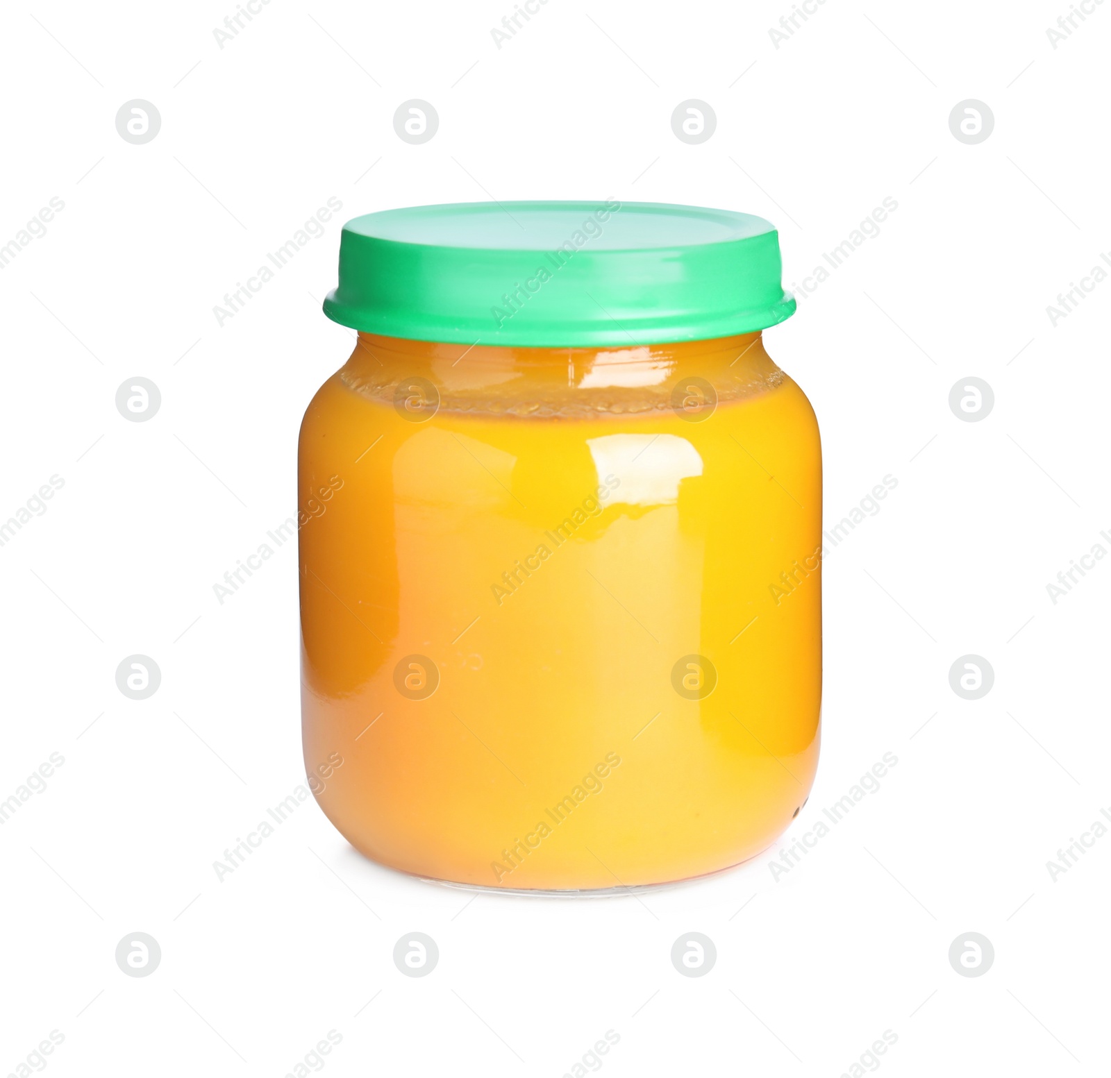 Photo of Jar with baby food isolated on white