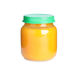 Photo of Jar with baby food isolated on white