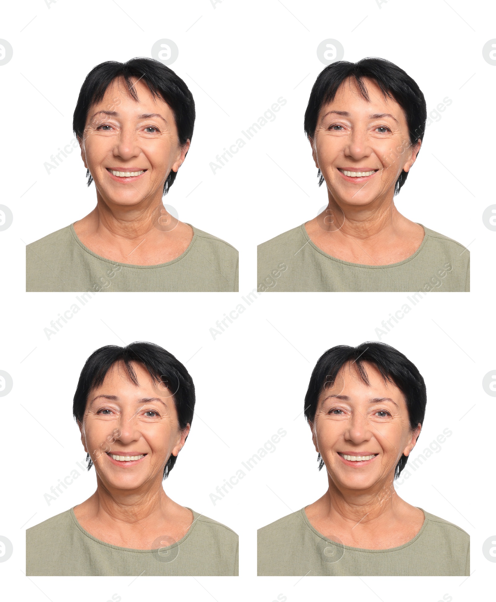 Image of Passport photo, collage. Woman on white background, set of photos