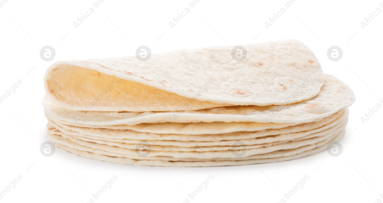 Photo of Stack of corn tortillas on white background. Unleavened bread