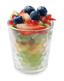 Healthy breakfast. Delicious fruit salad in glass isolated on white