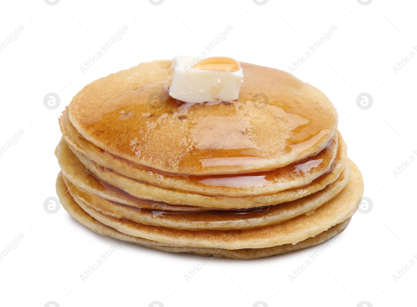 Photo of Tasty pancakes with butter and honey on white background