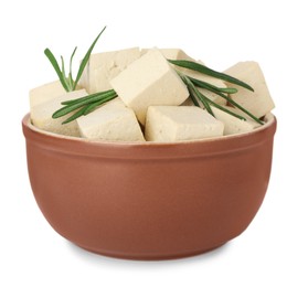 Photo of Bowl with delicious raw tofu pieces and rosemary on white background