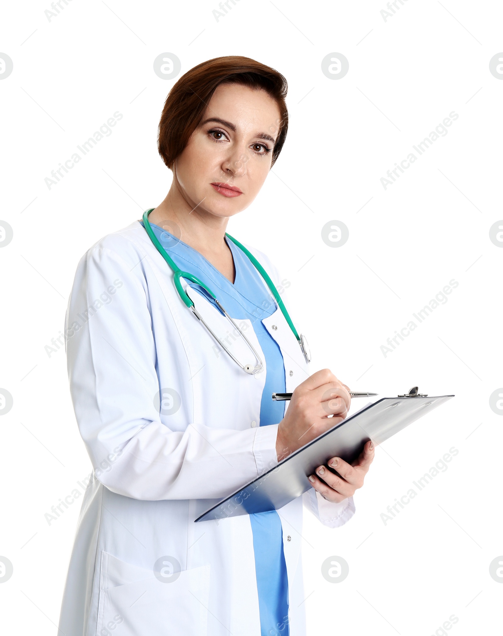 Photo of Portrait of experienced doctor in uniform on white background. Medical service