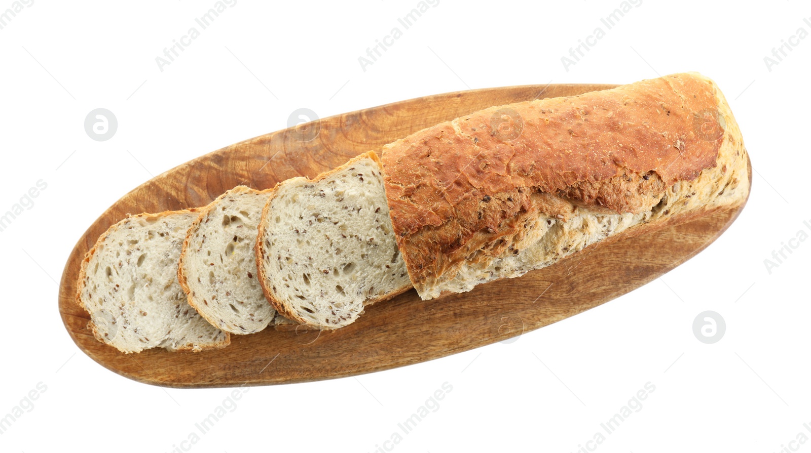 Photo of Freshly baked cut sourdough bread isolated on white, top view