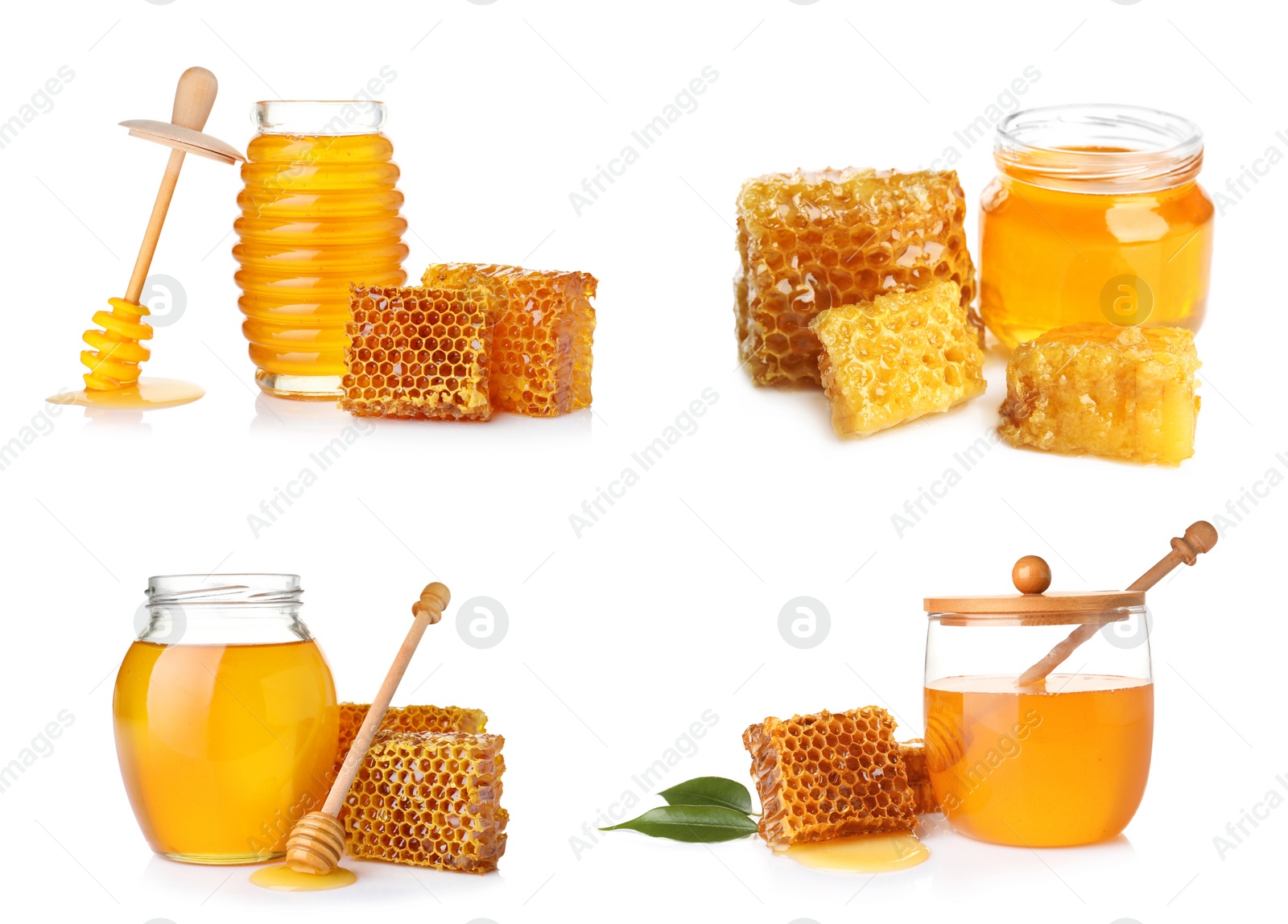 Image of Set with fresh delicious honey on white background