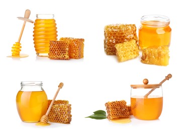 Image of Set with fresh delicious honey on white background