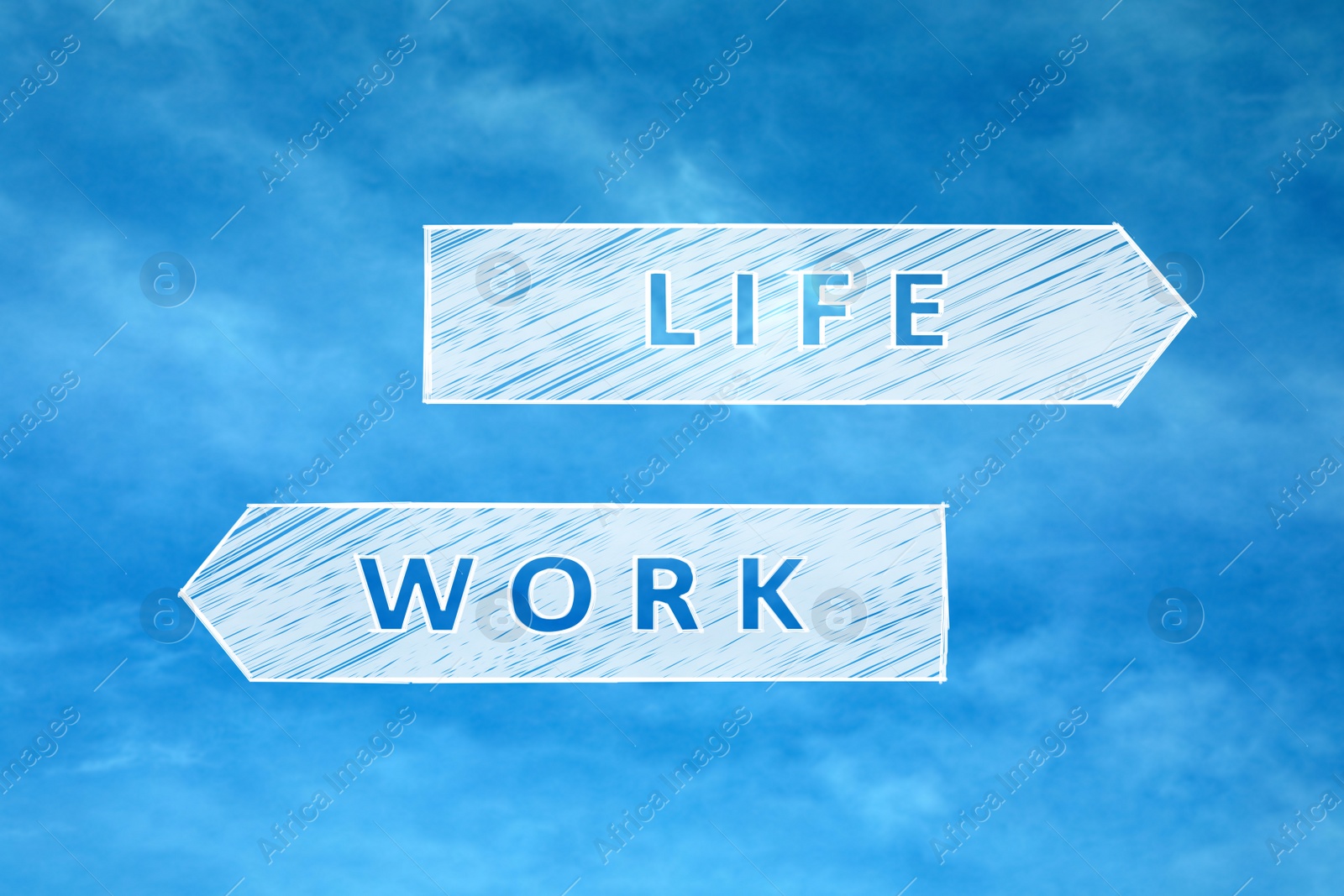 Image of Illustration of arrows and beautiful blue sky on background. Balance between work and life