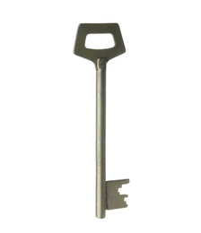 Photo of One metal modern key on white background
