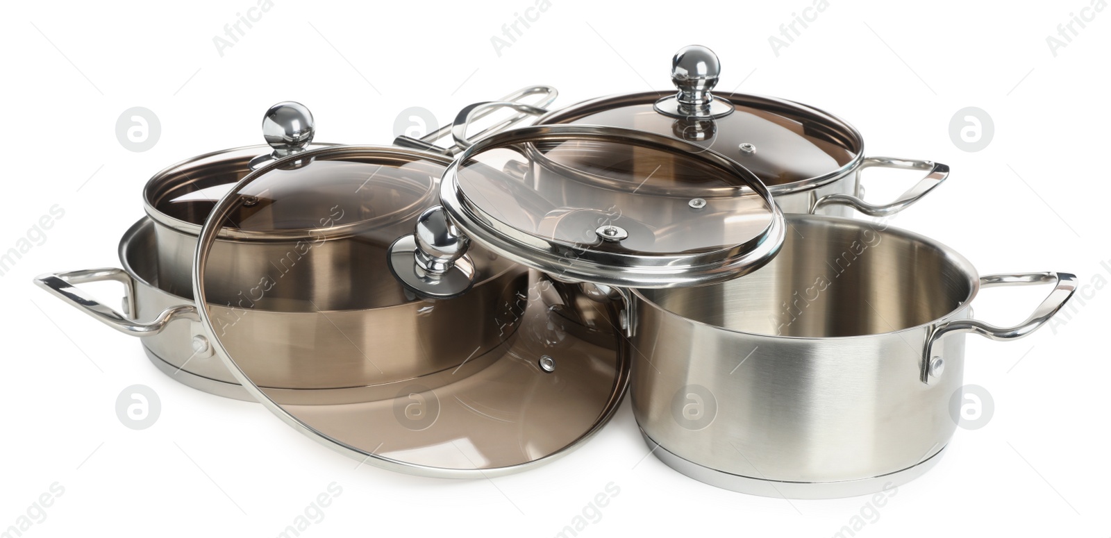 Photo of Set of stainless steel cookware on white background