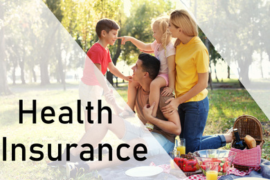 Image of Happy family having picnic in park. Health insurance