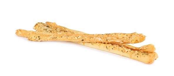 Fresh delicious grissini sticks on white background