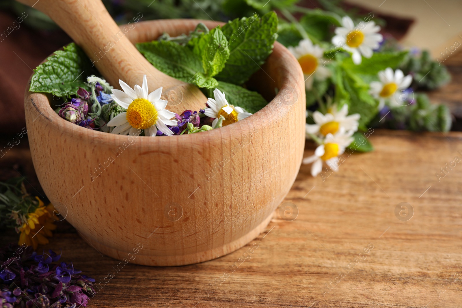 Photo of Mortar and different healing herbs on wooden table, closeup