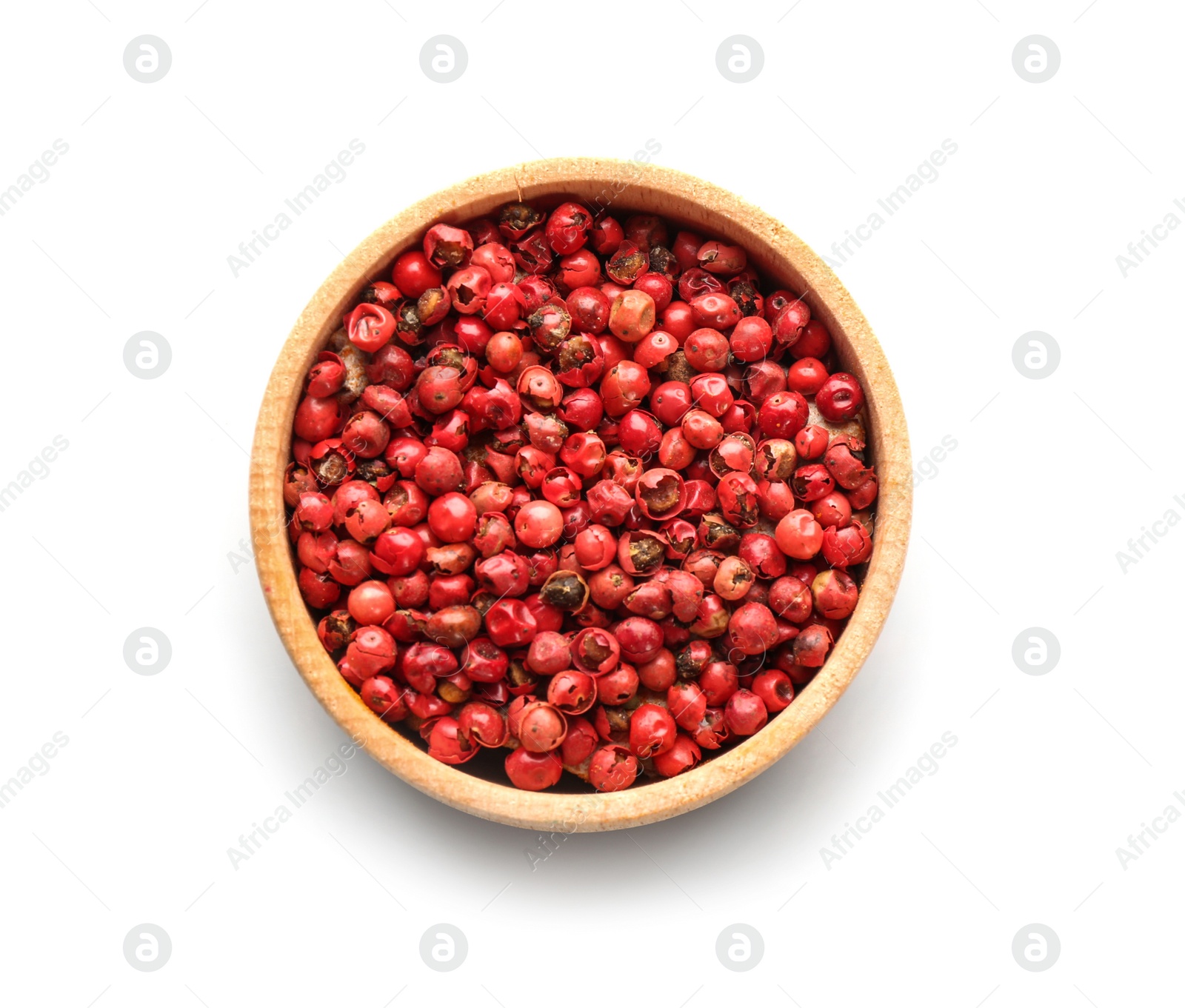 Photo of Bowl with red peppercorns on white background, top view