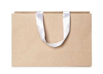 Photo of Paper shopping bag isolated on white. Mock up for design