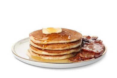 Photo of Delicious pancakes with maple syrup, butter and fried bacon on white background