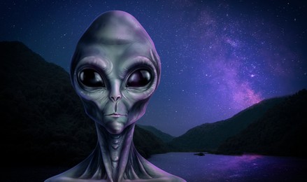 Alien in mountains under starry sky. Extraterrestrial visitors