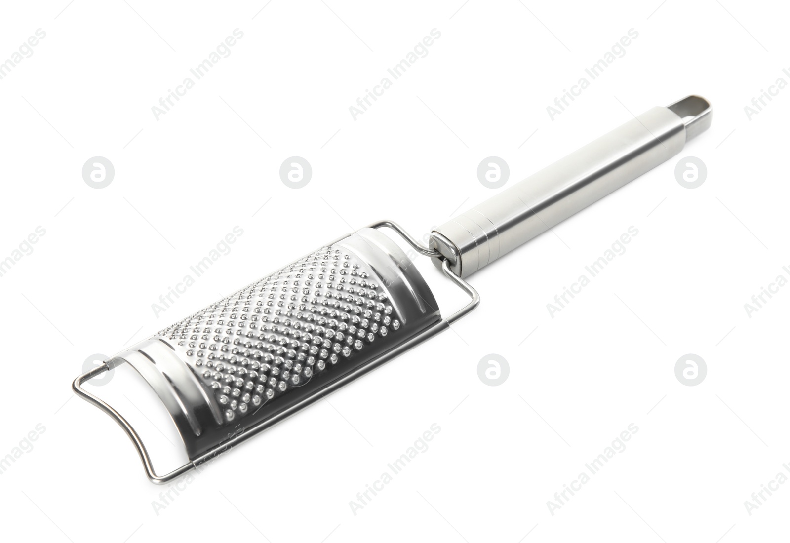 Photo of Modern stainless grater isolated on white. Cooking utensil