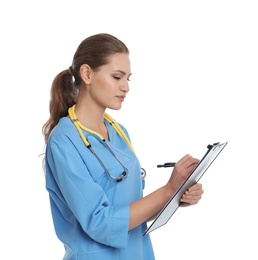 Photo of Portrait of young medical assistant with stethoscope and clipboard on white background