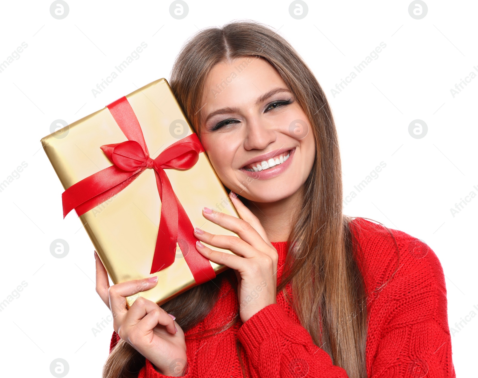 Photo of Young woman with Christmas gift on white background