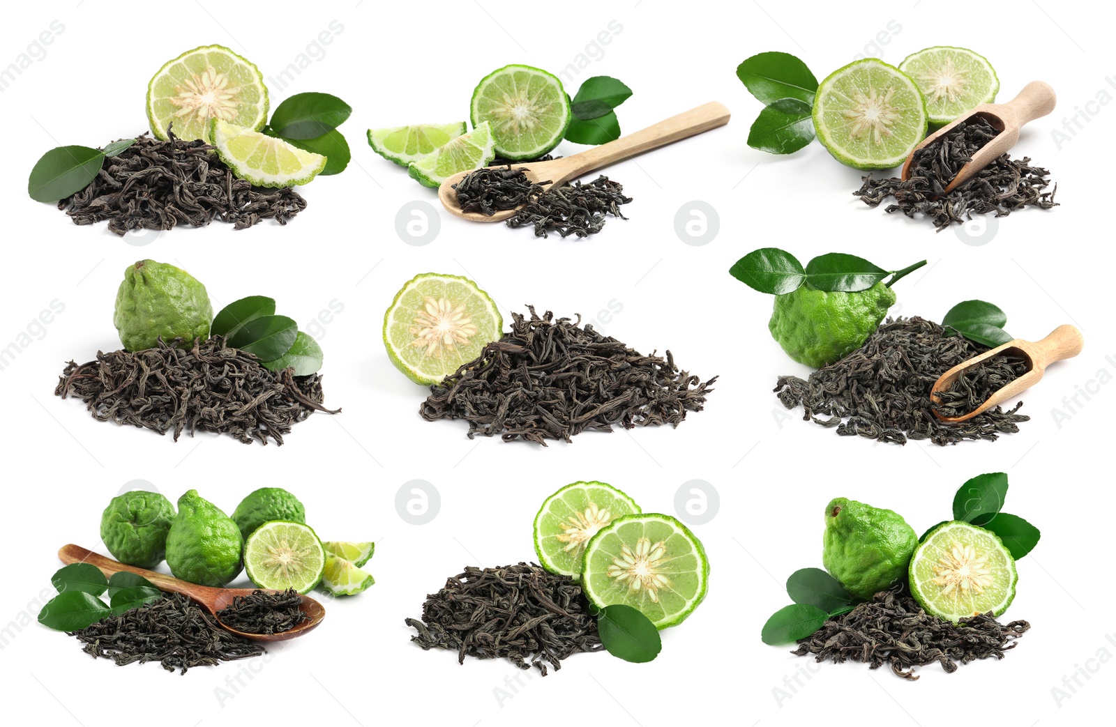 Image of Set with dry tea leaves and bergamot fruits on white background