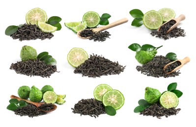 Image of Set with dry tea leaves and bergamot fruits on white background