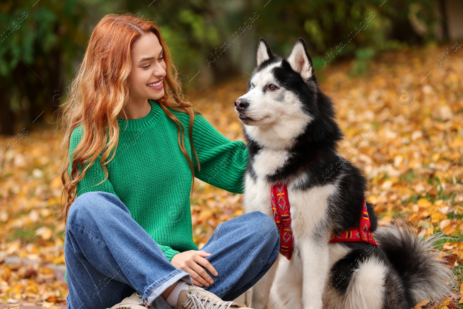 Photo of Happy woman with cute Siberian Husky sitting in autumn park