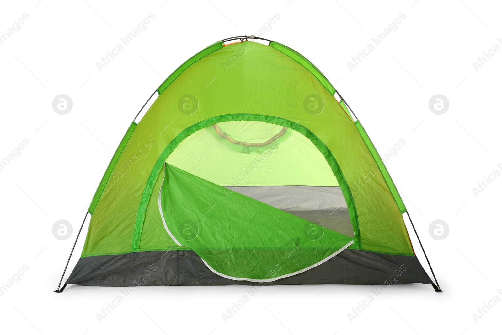 Photo of Comfortable green camping tent on white background