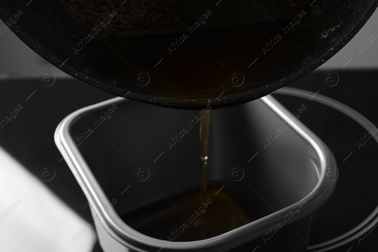 Photo of Pouring used cooking oil from frying pan into container, closeup