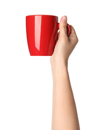 Photo of Woman holding red cup on white background, closeup