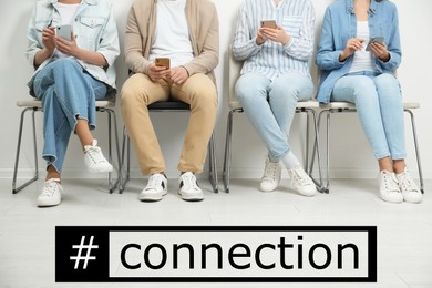 Image of Hashtag Connection. People using smartphones indoors, closeup view