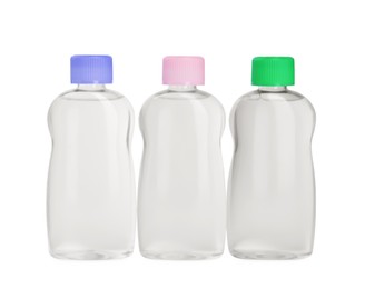Photo of Transparent bottles with baby oil isolated on white